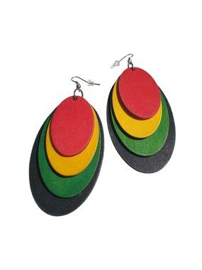 Rastafarian Layered Wood Oval Earrings Red Yellow Green Black Lightweight Dangle
